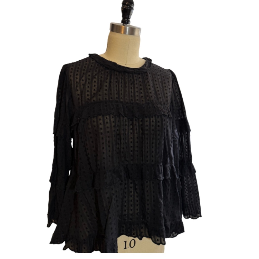 Isabel Marant Etoile Ykaria Ruffle Blouse Black Flocked Cotton Size 40 - Picture 2 of 8